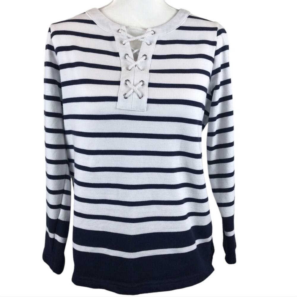 Karen Scott Sport Navy & White Striped Women’s Top Medium